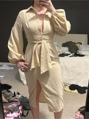 PrettyLittleThing Cream Button-Front Midi Dress with Tie Waist
